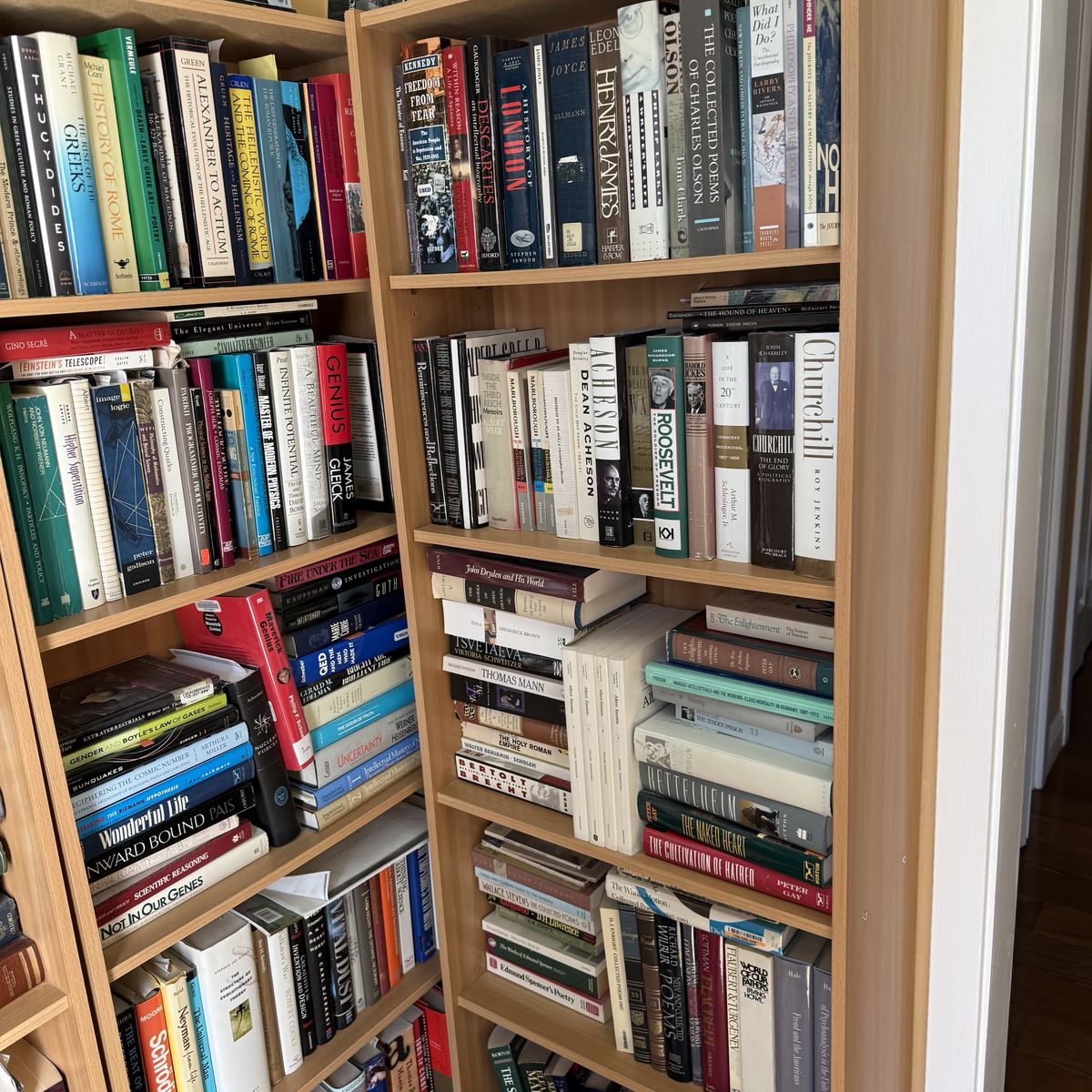 Floor-to-ceiling wall of serious biography and history hardcovers in a home study — Henry James, Churchill, Roosevelt, collected poems. A lifetime of careful reading.